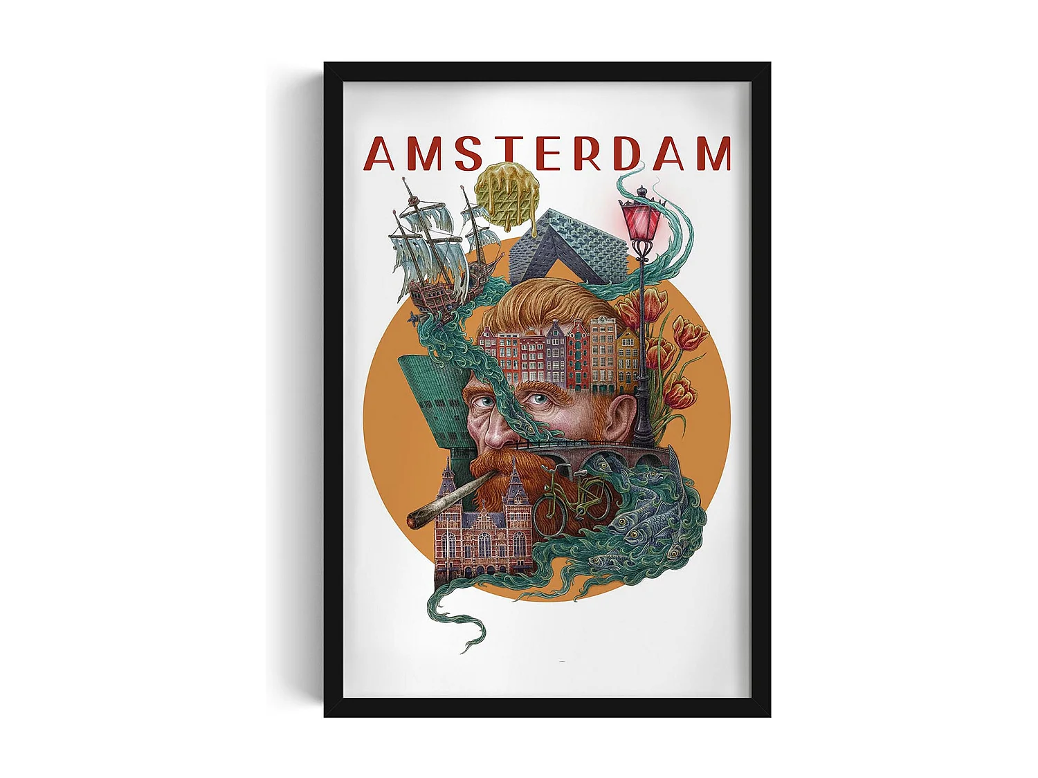 Bild im Rahmen, niederländisches Stadtdekor, Amsterdam schwarz gerahmtes Bild, 40x60 cm Amsterdamer Kunst, urbaner Druck.