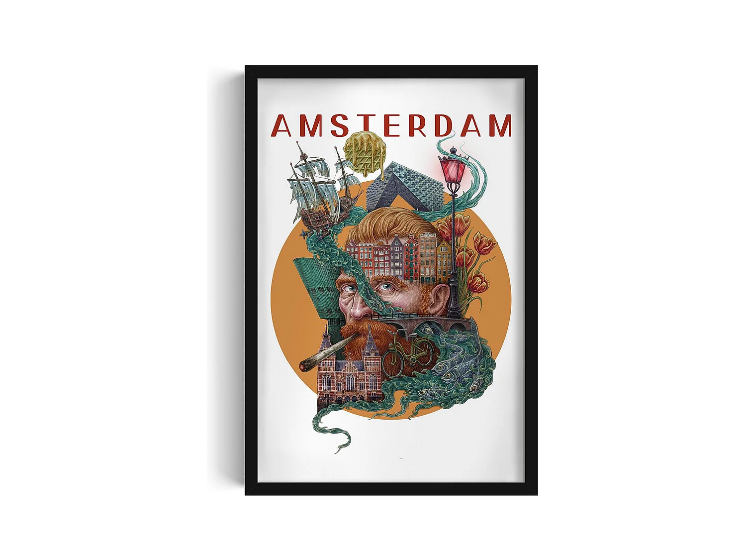 Image dans un cadre, décor de ville néerlandaise, image à cadre noir Amsterdam, 40x60 cm art d'Amsterdam, imprimé urbain.