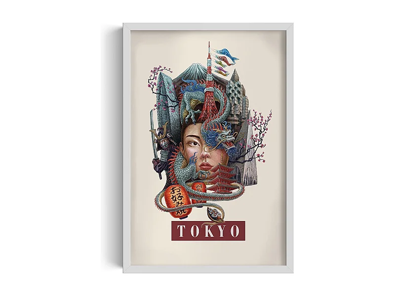 Gerahmtes Bild, japanisches Stadtdekor, Tokio-Druck in weißem Rahmen, Bild im städtischen Tokio-Stil, 40 x 60 cm.