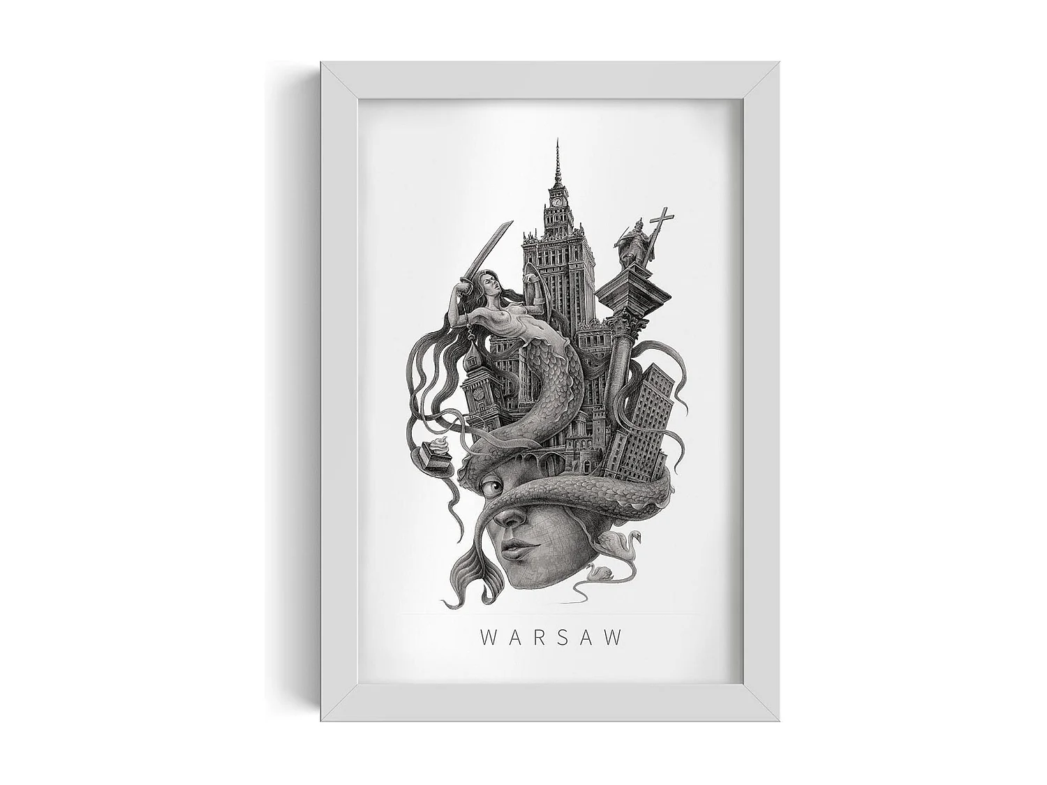 Image encadré, décor polonais, cadre blanc, art de Varsovie, imprimé minimaliste de Varsovie, design urbain 20x30 cm.