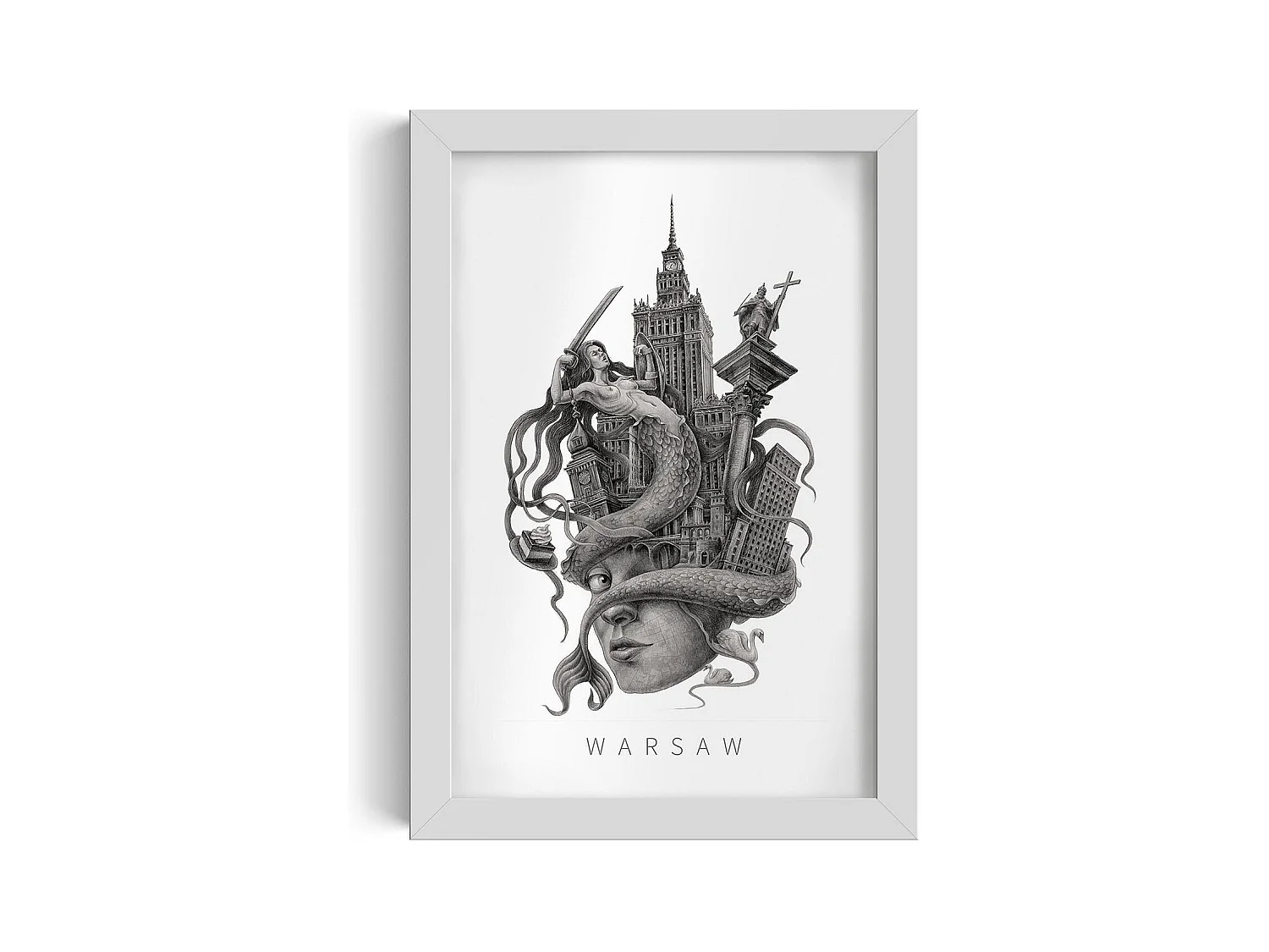 Image encadré, décor polonais, cadre blanc, art de Varsovie, imprimé minimaliste de Varsovie, design urbain 20x30 cm.