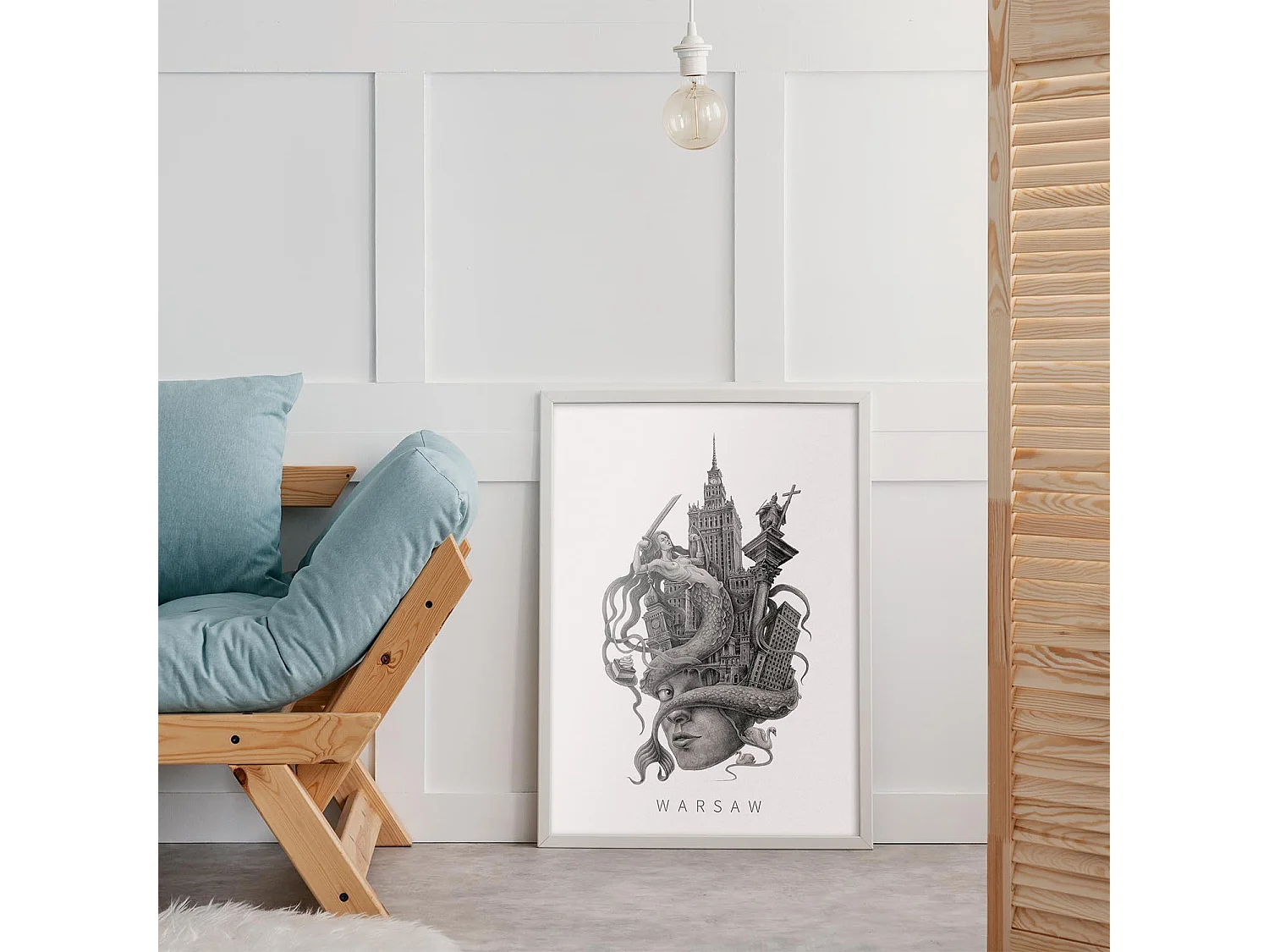 Gerahmtes Bild, polnisches Dekor, weißer Rahmen, Warschauer Kunst, Warschauer minimalistischer Druck, urbanes Design 20x30 cm.