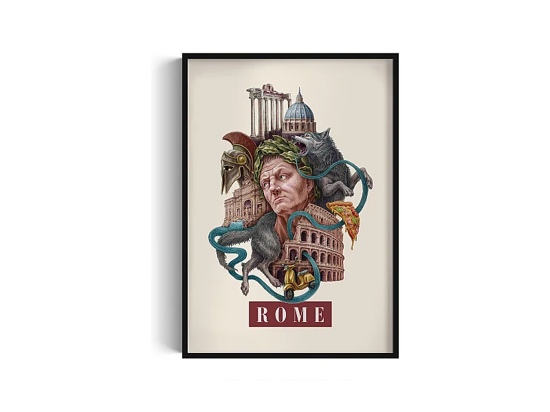 Ingelijste foto, Italiaans decor Rome, zwarte lijst Rome kunst, 70x100 cm Rome design, elegante Rome stedelijke print.