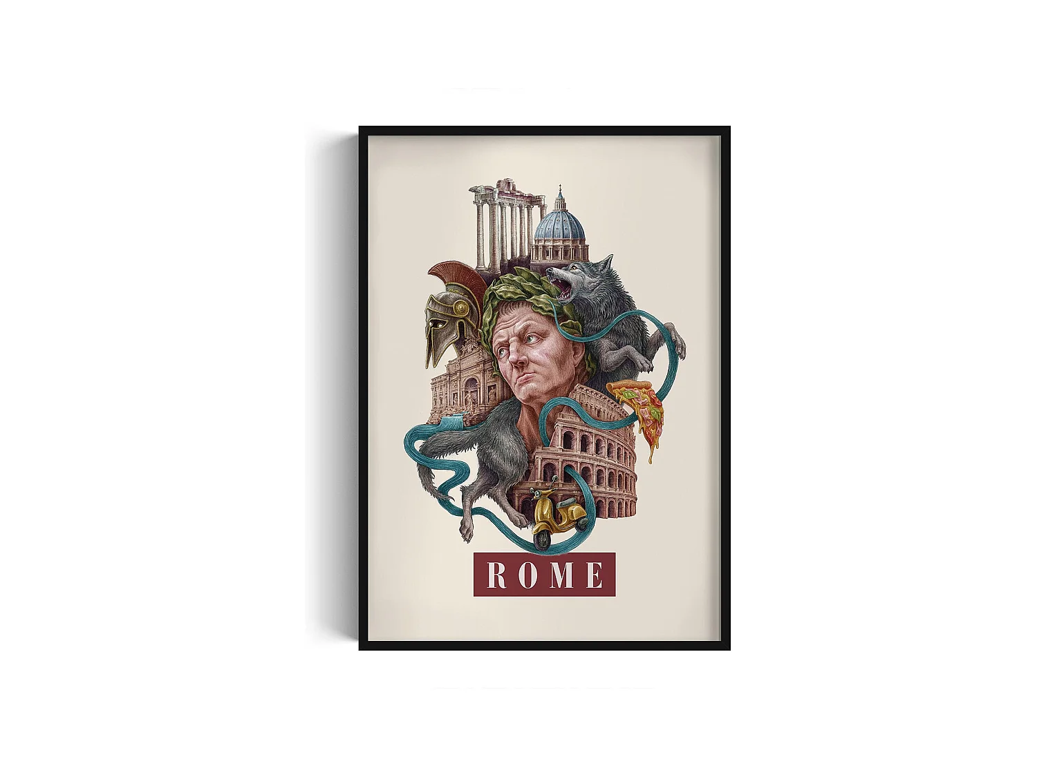 Image encadré, décor italien Rome, cadre noir Rome art, 70x100 cm design Rome, imprimé urbain élégant Rome.