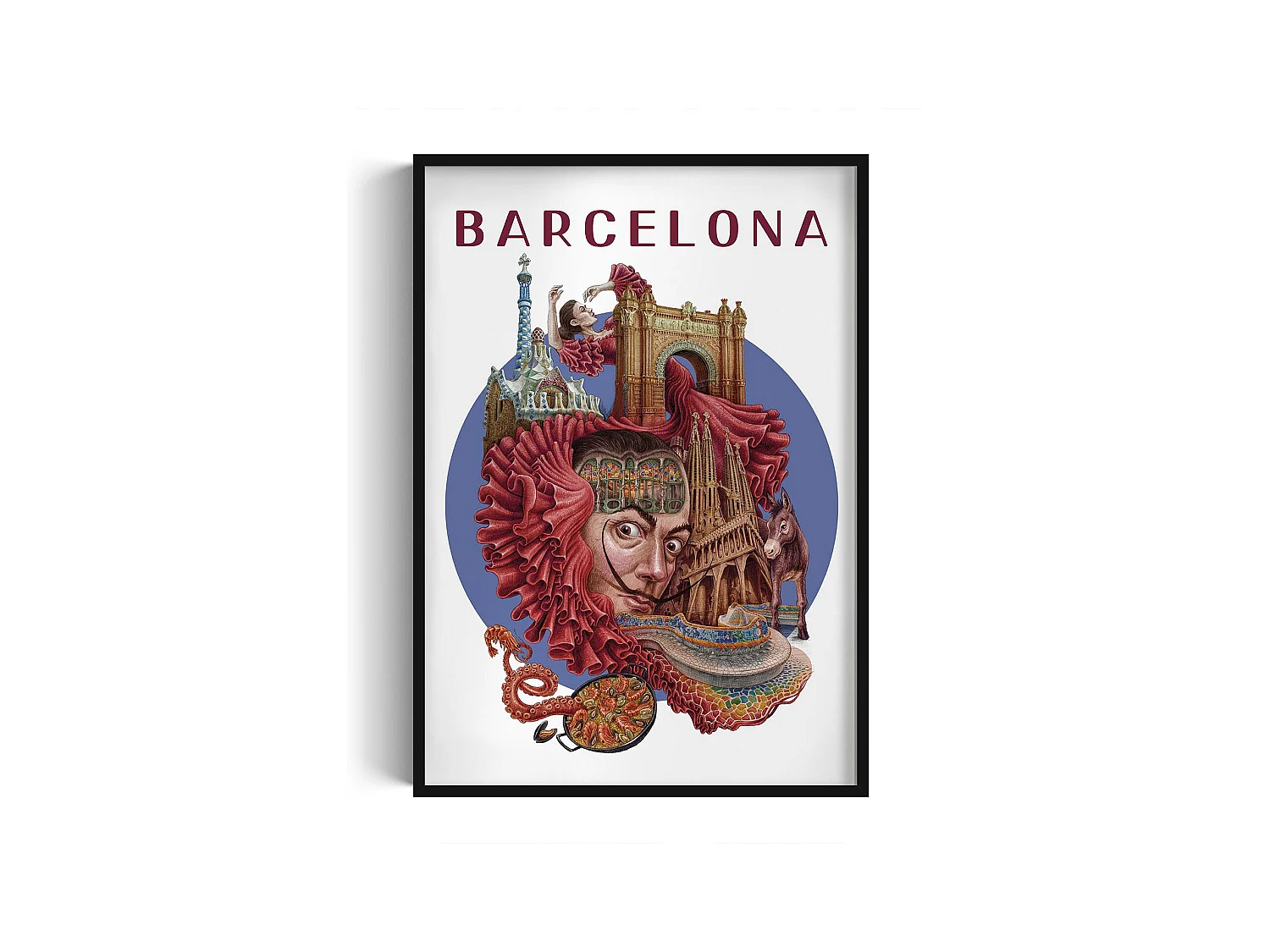 Image encadré, décor de ville espagnole, image cadre noir Barcelone, 70x100 cm art de Barcelone, imprimé urbain Barcelone.