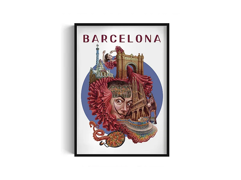 Gerahmtes Bild, spanisches Stadtdekor, schwarz gerahmtes Bild Barcelona, ​​70x100 cm Barcelona-Kunst, Barcelona-Stadtdruck.