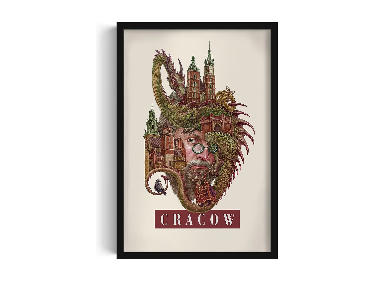 Image dans un cadre, art polonais moderne, décor encadré de Cracovie, imprimé urbain minimaliste de Cracovie, art mural 40x60 cm.