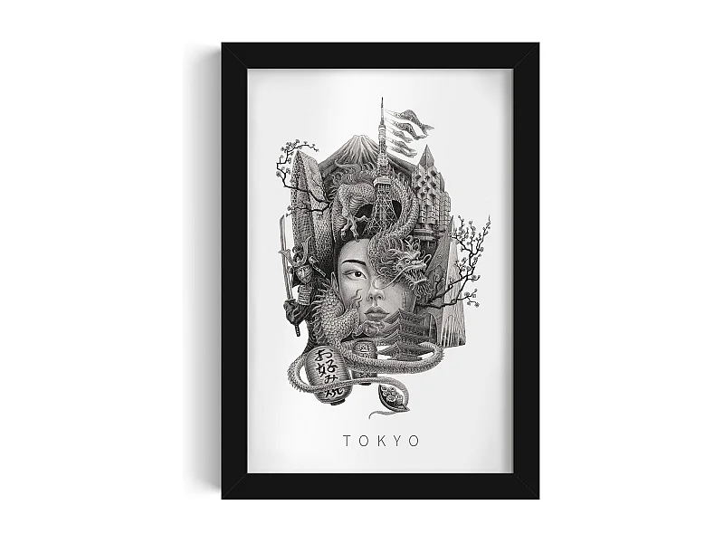 Gerahmtes Bild, raffiniertes japanisches Stadtdekor, schwarzer Kunstrahmen aus Tokio, Stadtbild aus Tokio, 20x30 cm.