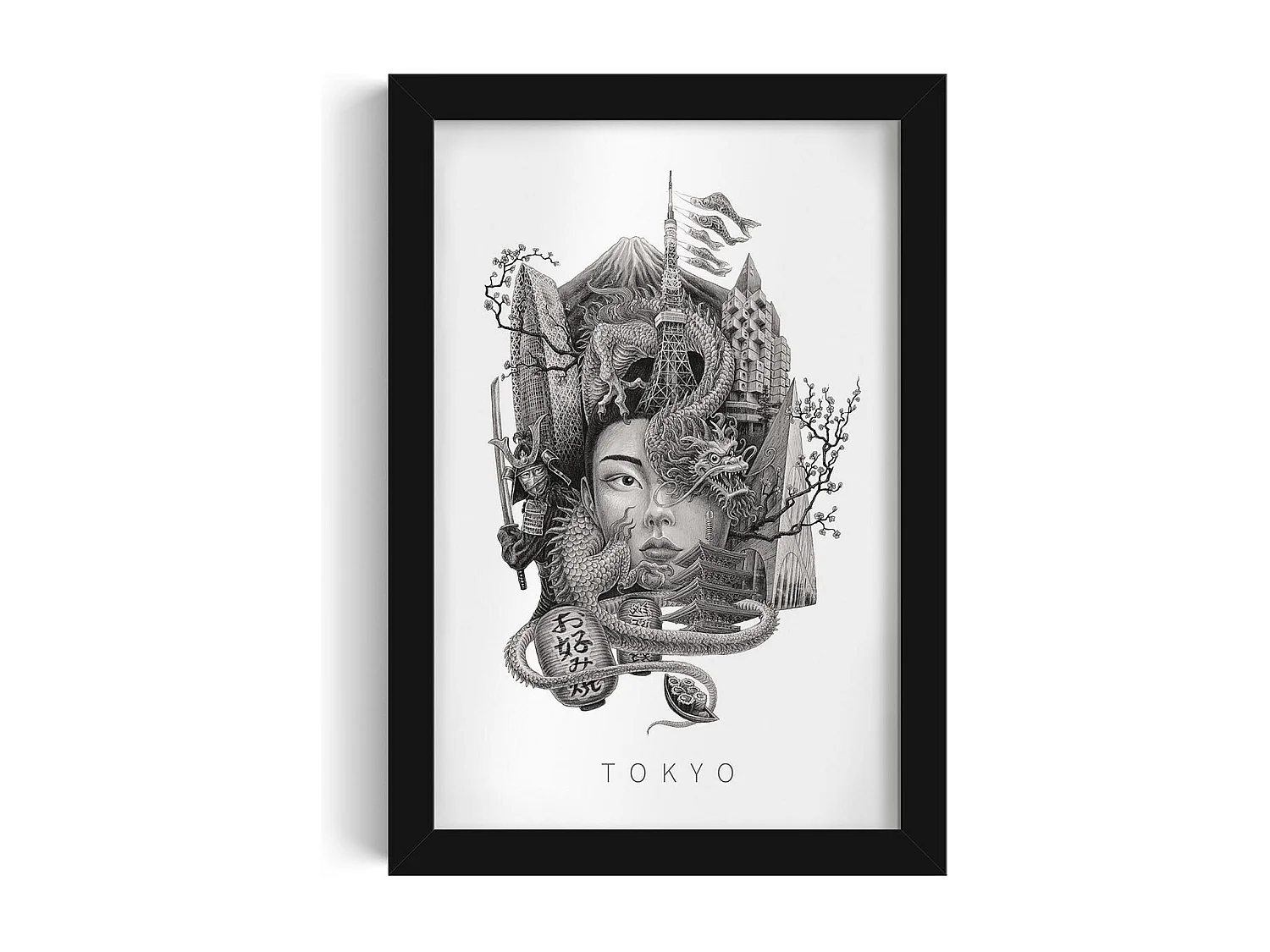 Gerahmtes Bild, raffiniertes japanisches Stadtdekor, schwarzer Kunstrahmen aus Tokio, Stadtbild aus Tokio, 20x30 cm.