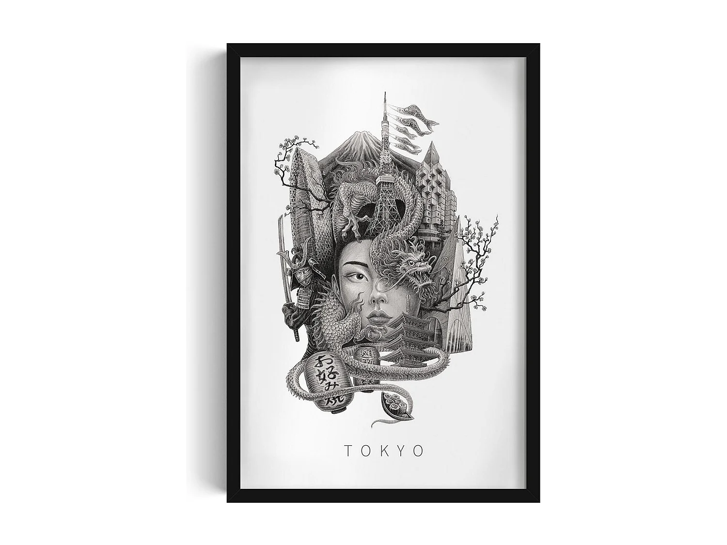 Gerahmtes Bild, raffiniertes japanisches Stadtdekor, schwarzer Kunstrahmen aus Tokio, Stadtbild aus Tokio, 40x60 cm.