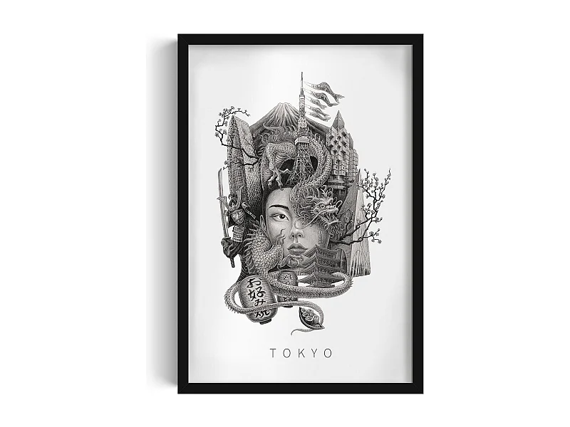 Gerahmtes Bild, raffiniertes japanisches Stadtdekor, schwarzer Kunstrahmen aus Tokio, Stadtbild aus Tokio, 40x60 cm.