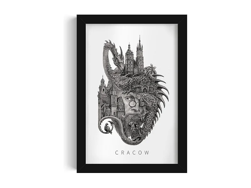Image dans un cadre, décor de ville polonaise encadré, art cadre noir Cracovie, impression murale minimaliste Cracovie 20x30 cm