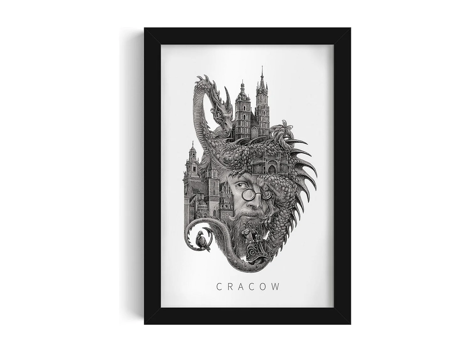 Bild im Rahmen, gerahmtes polnisches Stadtdekor, Krakauer schwarzer Rahmenkunst, Krakauer minimalistischer Wanddruck 20x30 cm