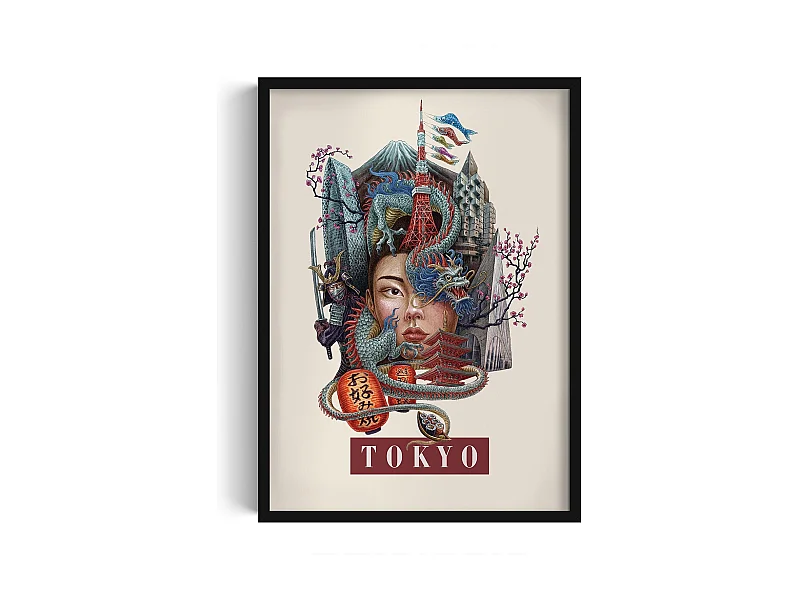 Image encadré, déco ville japonaise, imprimé Tokyo cadre noir, image Tokyo style urbain, 50x70 cm.