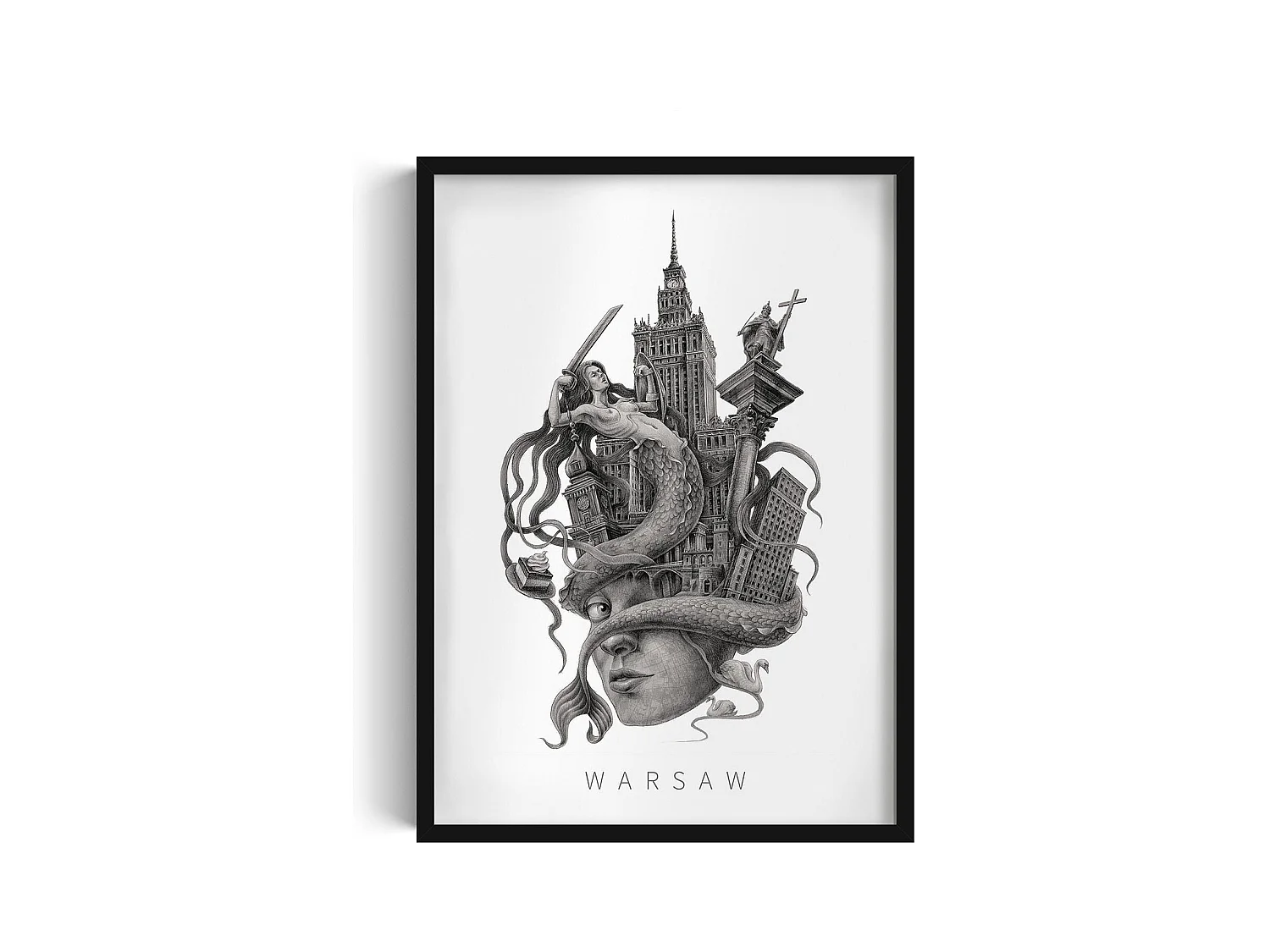 Image encadré, décor polonais, cadre noir, art de Varsovie, imprimé minimaliste de Varsovie, design urbain 50x70 cm.
