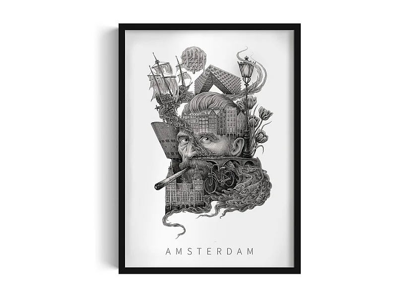 Ingelijste foto, elegant Nederlands decor, Amsterdamse kunst zwarte lijst, 50x70 cm Amsterdamse stadsfoto.