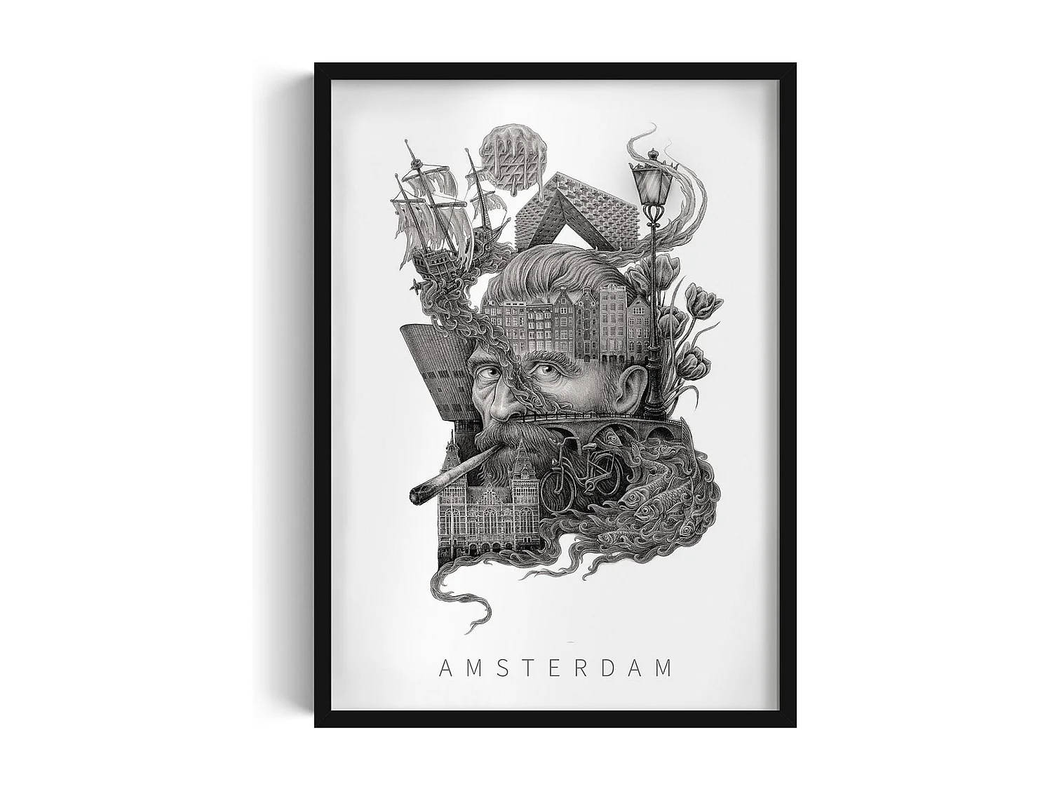 Ingelijste foto, elegant Nederlands decor, Amsterdamse kunst zwarte lijst, 50x70 cm Amsterdamse stadsfoto.