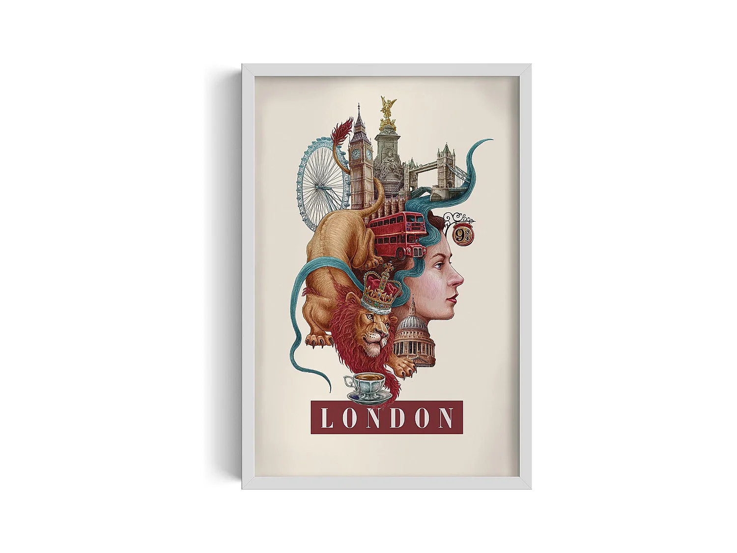 Image encadré, décor urbain Londres, cadre blanc Londres art, image paysage urbain minimaliste Londres, 40x60 cm.