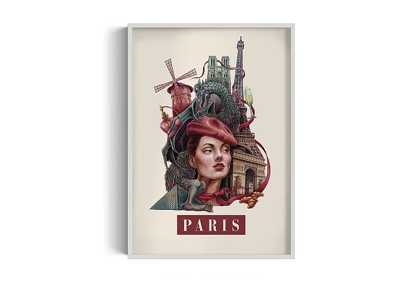 Gerahmtes Bild, elegantes Pariser Stadtdekor, weißer Rahmen der Pariser Kunst, Paris-Druck 70x100 cm, minimalistisches Paris-Bild.