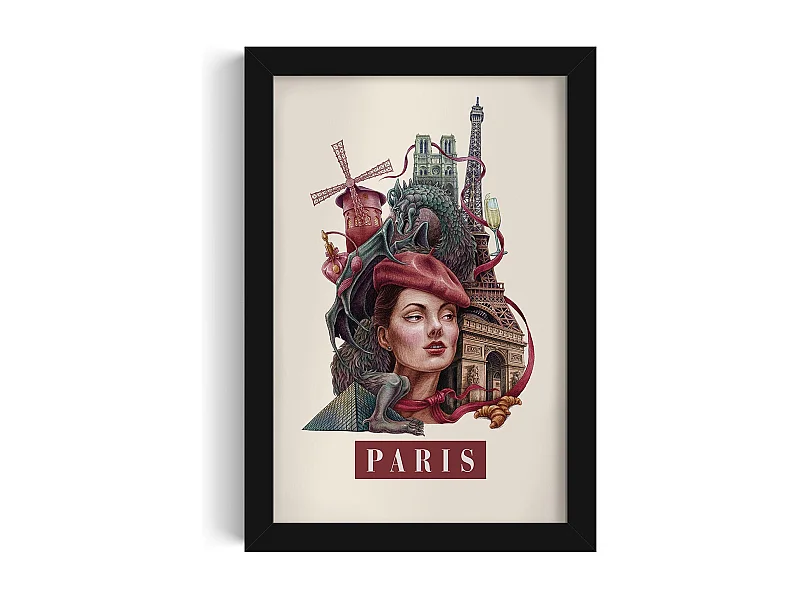 Gerahmtes Bild, elegantes Pariser Stadtdekor, schwarzer Paris-Kunstrahmen, Paris-Druck 20x30 cm, minimalistisches Paris-Bild.