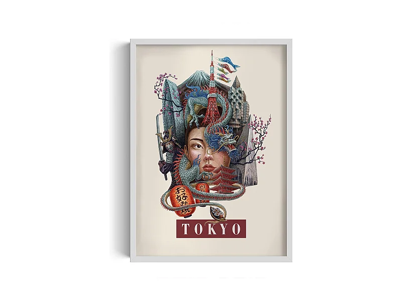 Gerahmtes Bild, japanisches Stadtdekor, Tokio-Druck in weißem Rahmen, Bild im städtischen Tokio-Stil, 50 x 70 cm.