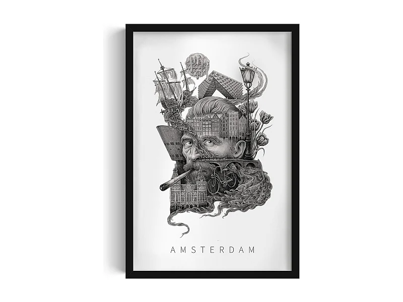 Gerahmtes Bild, elegantes niederländisches Dekor, schwarzer Rahmen der Amsterdamer Kunst, 40x60 cm großes Amsterdamer Stadtbild.