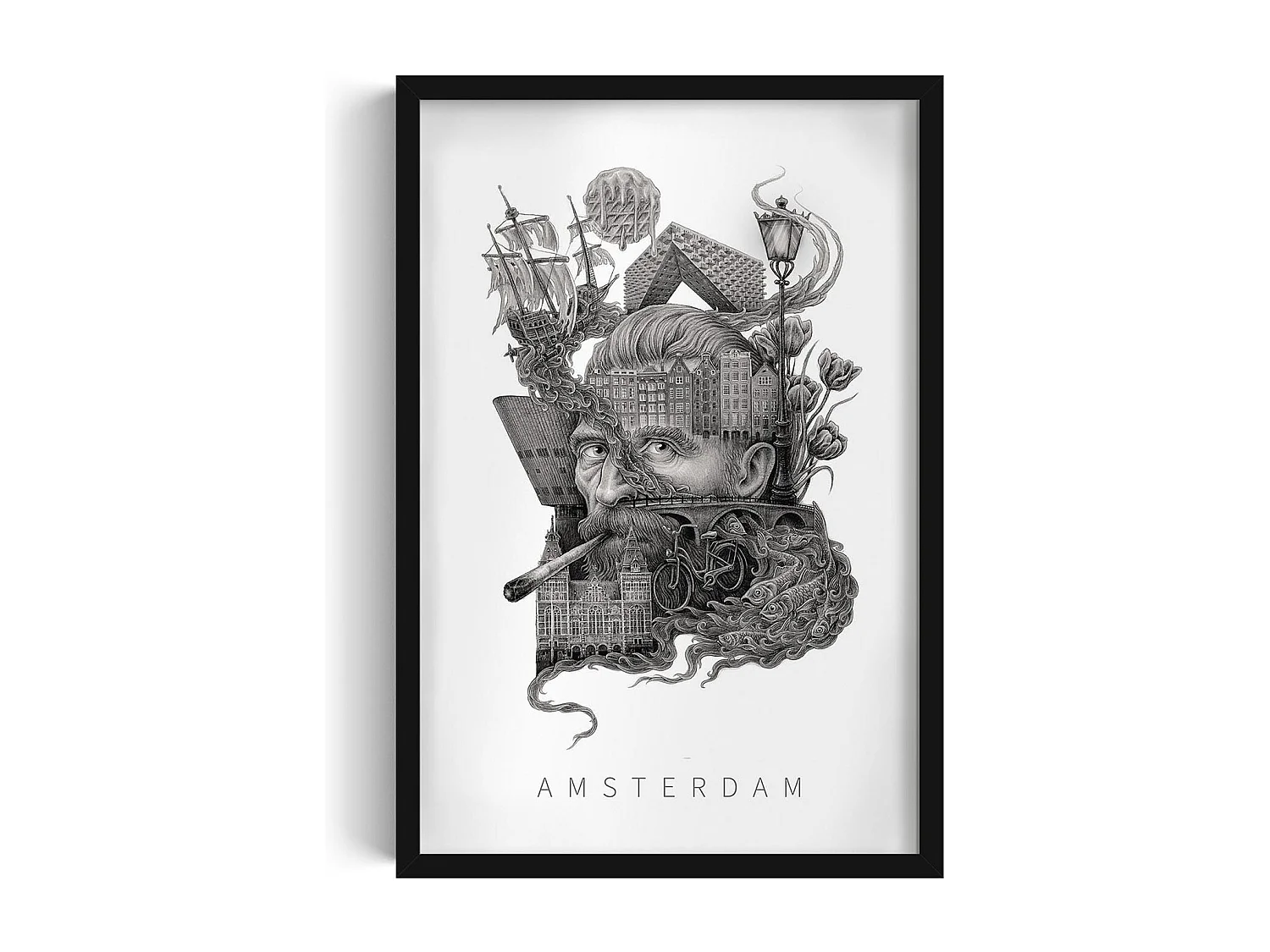 Gerahmtes Bild, elegantes niederländisches Dekor, schwarzer Rahmen der Amsterdamer Kunst, 40x60 cm großes Amsterdamer Stadtbild.