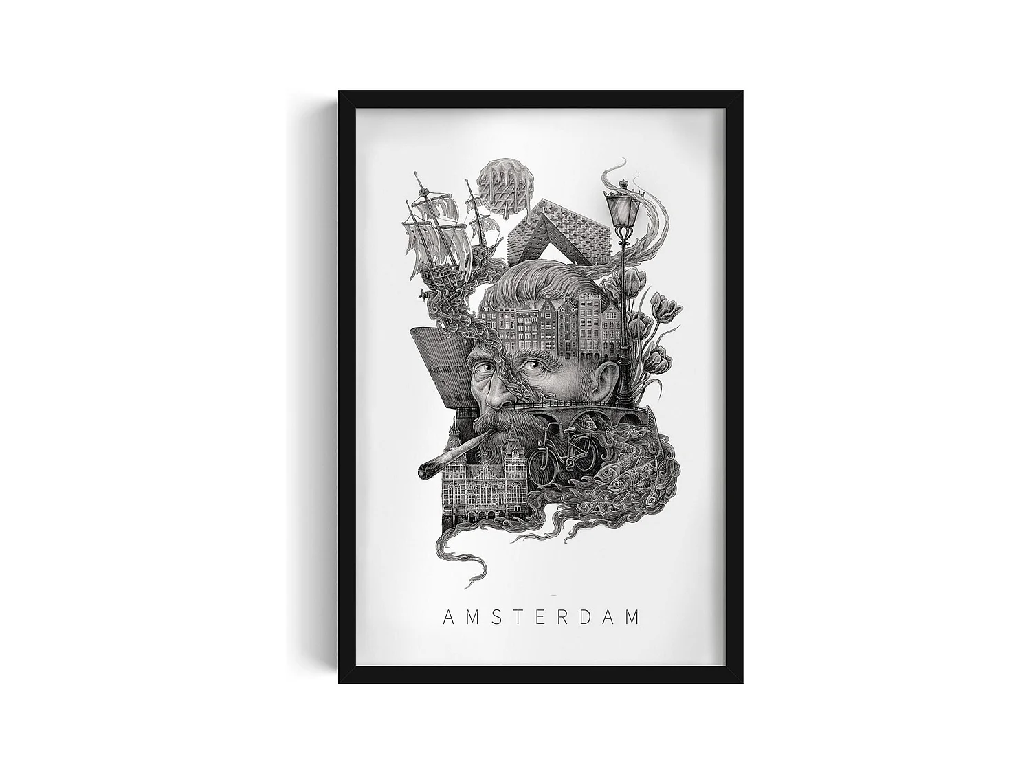 Image encadré, décor hollandais élégant, cadre noir art Amsterdam, image urbaine 40x60 cm Amsterdam.