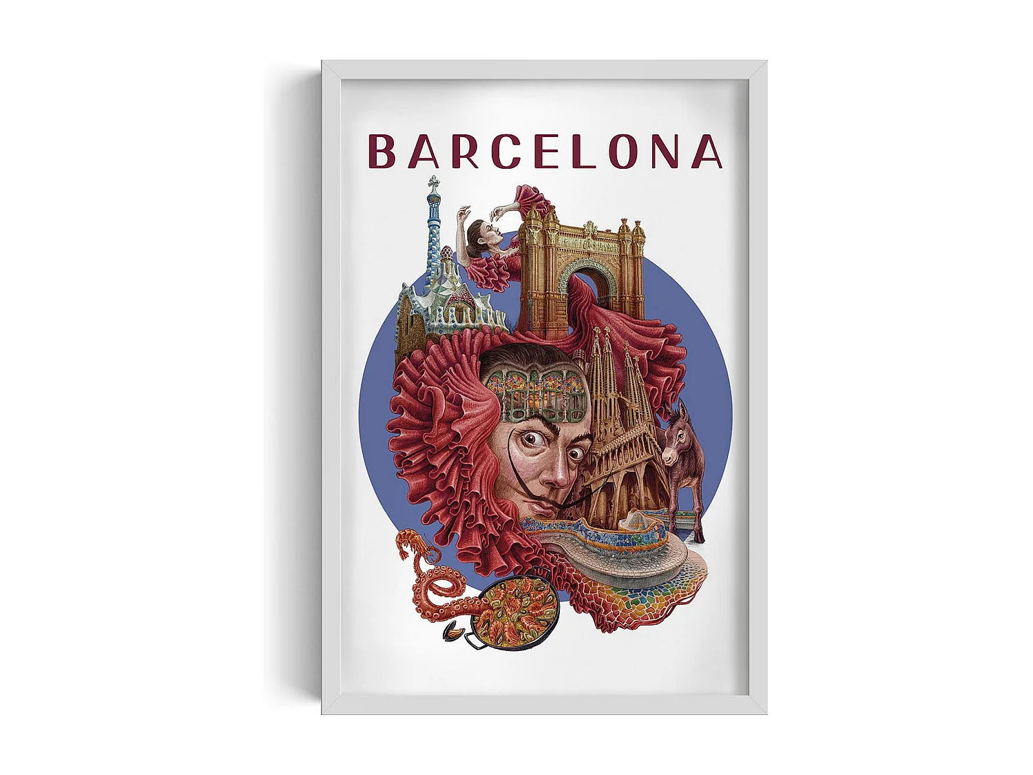Ingelijste foto, Spaans stadsdecor, Barcelona witte lijst, 40x60 cm Barcelona kunst, Barcelona stedelijke print.