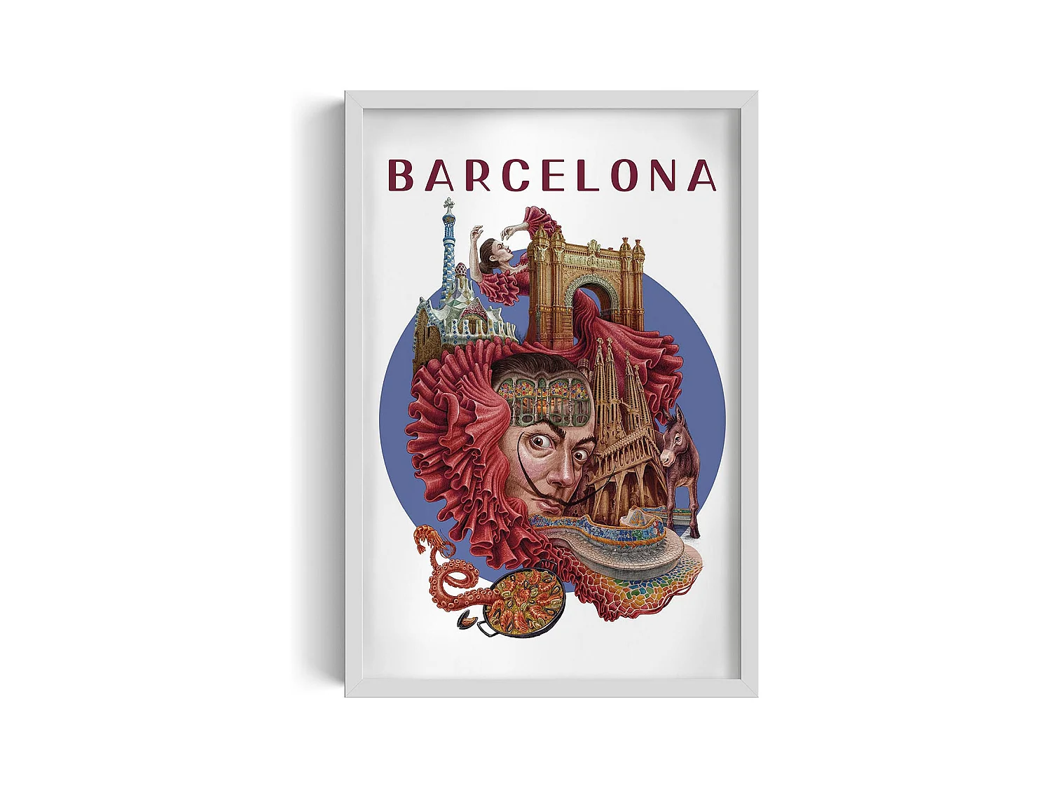 Quadro incorniciato, arredamento della città spagnola, quadro con cornice bianca di Barcellona, ​​arte Barcellona 40x60 cm, stampa urbana di Barcellona.