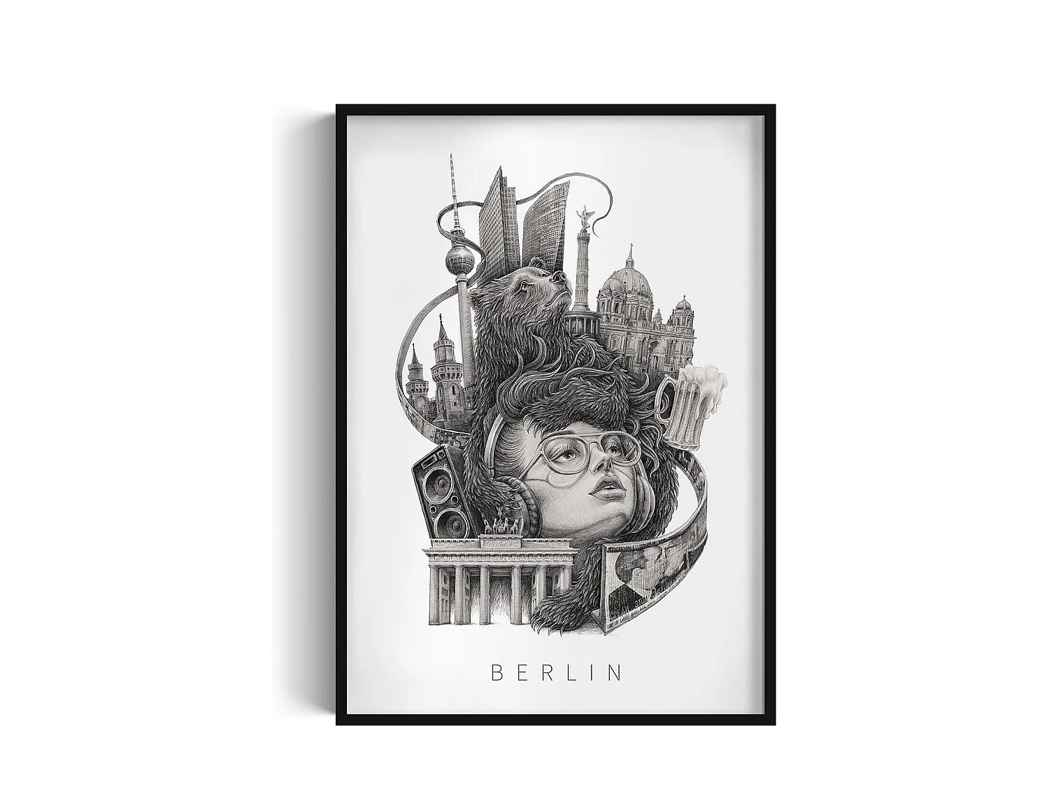 Image dans un cadre, art mural allemand moderne, art du cadre noir Berlin, image urbaine 70x100.