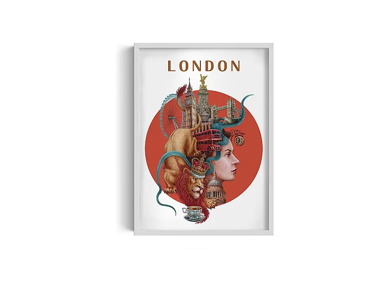 Gerahmtes Bild, britisches Stadtdekor, weißes Rahmenbild London, 50x70 cm Londoner Kunst, Londoner Stadtdruck.