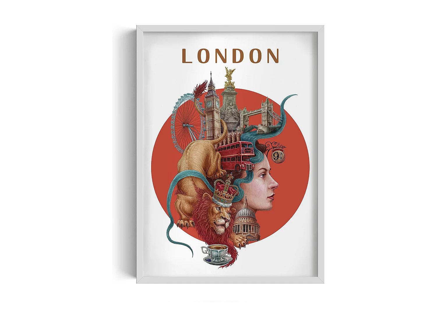 Gerahmtes Bild, britisches Stadtdekor, weißes Rahmenbild London, 50x70 cm Londoner Kunst, Londoner Stadtdruck.