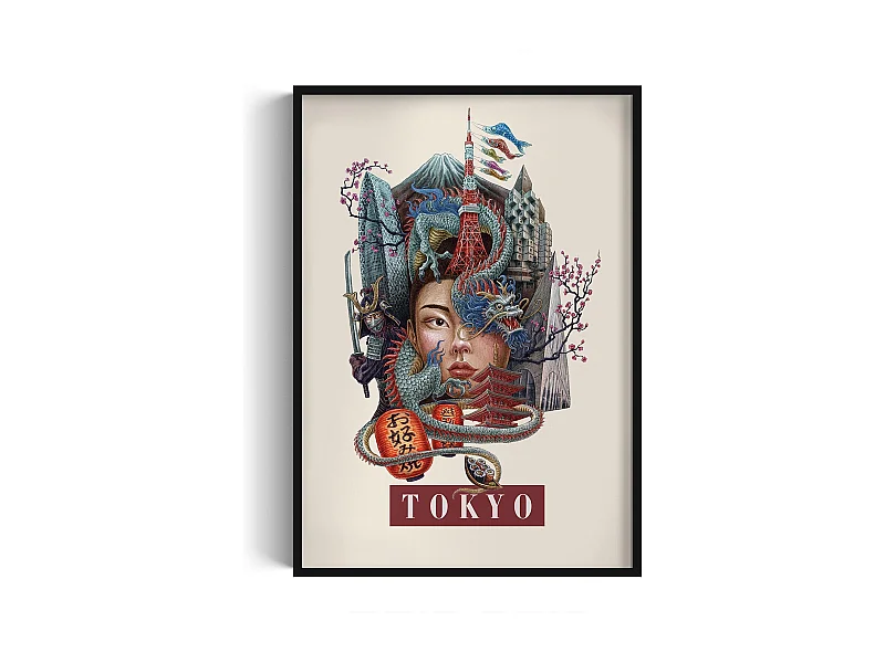 Ingelijste afbeelding, Japans stadsdecor, Tokyo print in zwarte lijst, afbeelding in stedelijke stijl Tokyo, 70x100 cm.