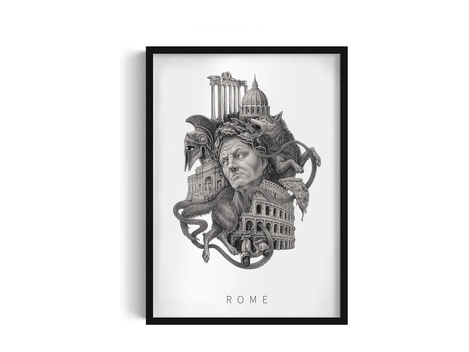 Bild im Rahmen, elegante italienische Dekoration, Rom-Kunst schwarzer Rahmen, Stadtbild von Rom, Rom-Design 50x70 cm.