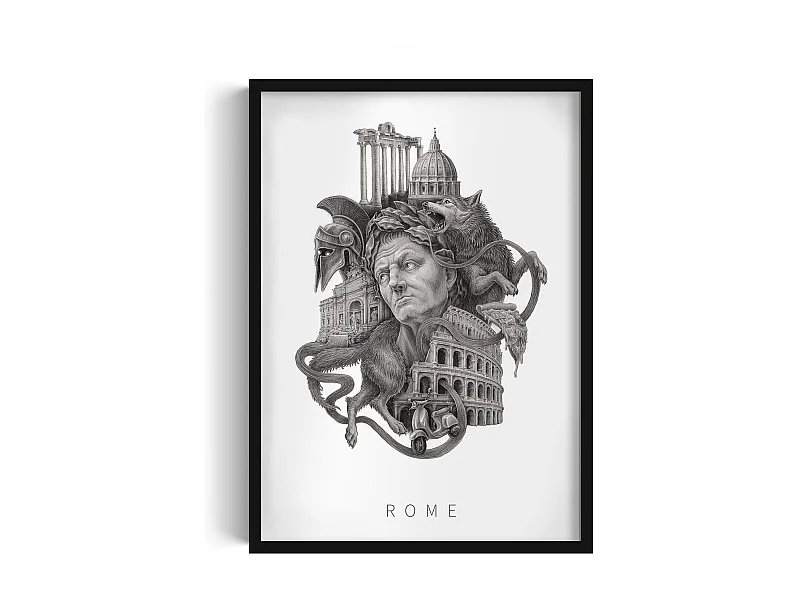 Quadro con cornice, elegante decorazione italiana, cornice nera Rome Art, quadro urbano di Roma, design Roma 50x70 cm.