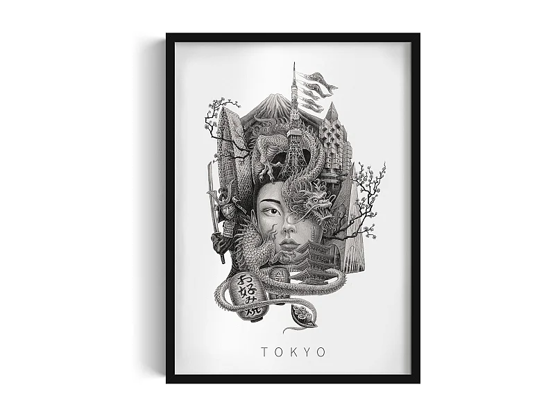 Gerahmtes Bild, raffiniertes japanisches Stadtdekor, schwarzer Kunstrahmen aus Tokio, Stadtbild aus Tokio, 50x70 cm.