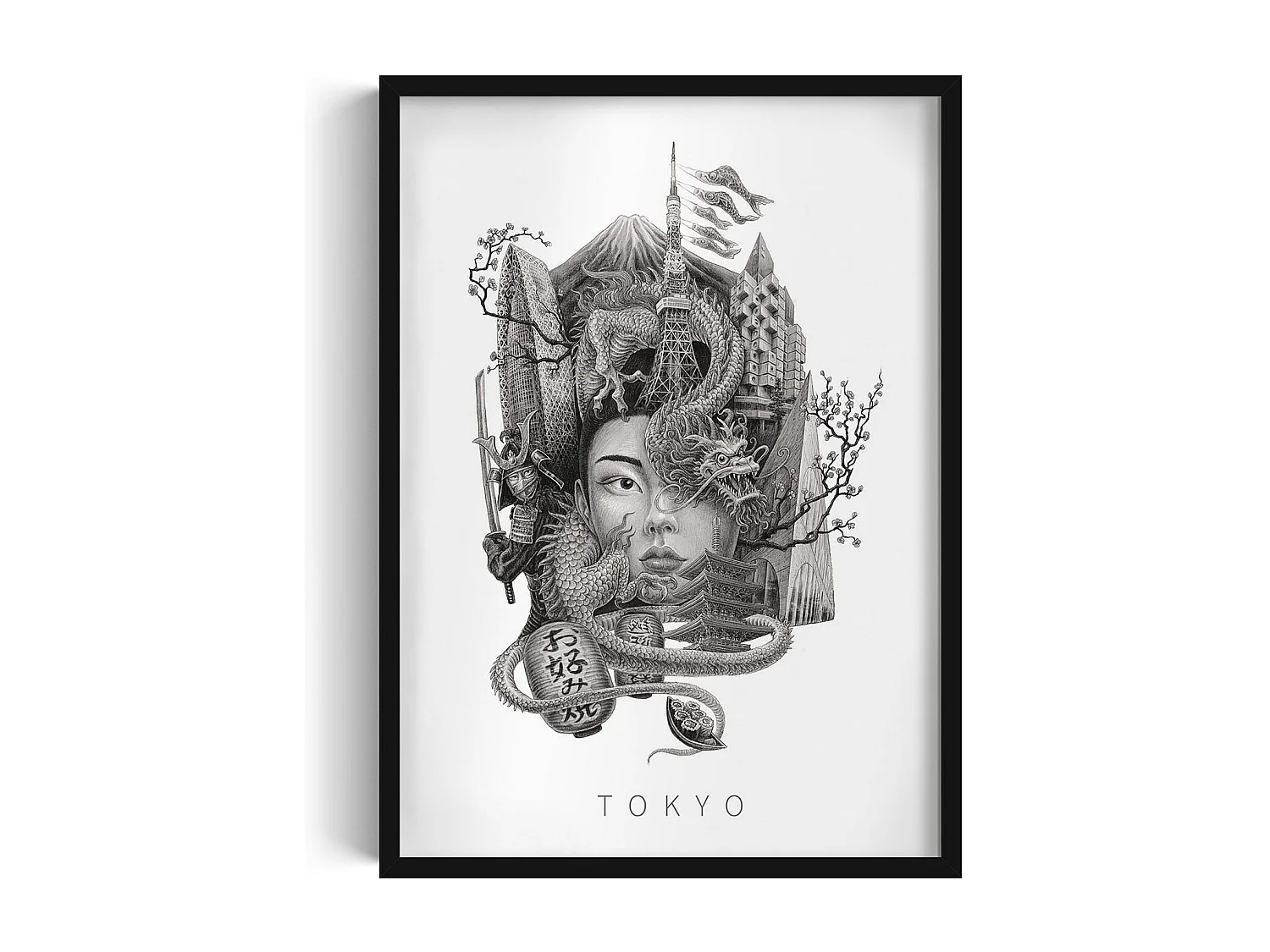 Gerahmtes Bild, raffiniertes japanisches Stadtdekor, schwarzer Kunstrahmen aus Tokio, Stadtbild aus Tokio, 50x70 cm.