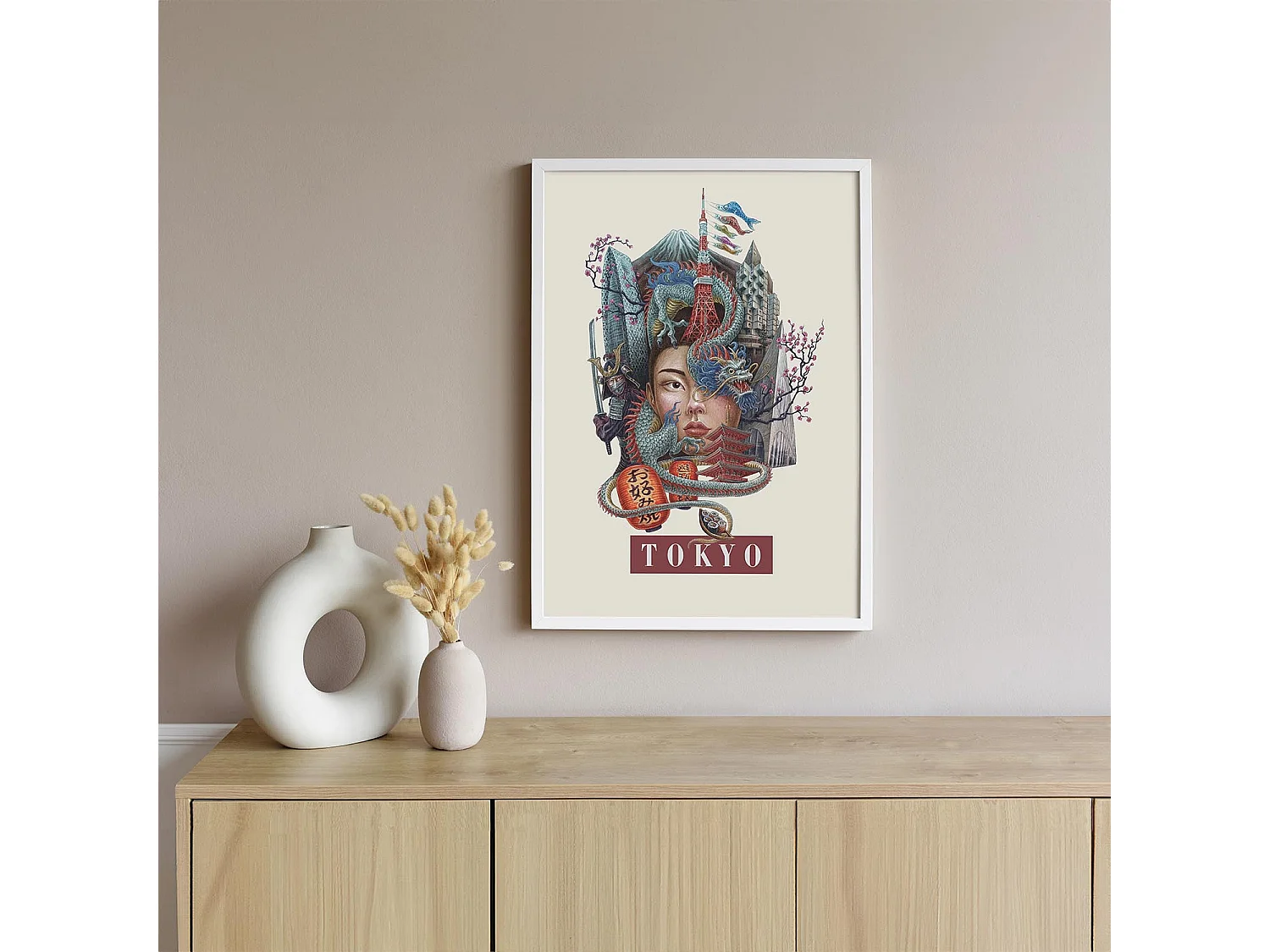 Ingelijste afbeelding, Japans stadsdecor, Tokyo print in witte lijst, afbeelding in stedelijke stijl Tokyo, 70x100 cm.