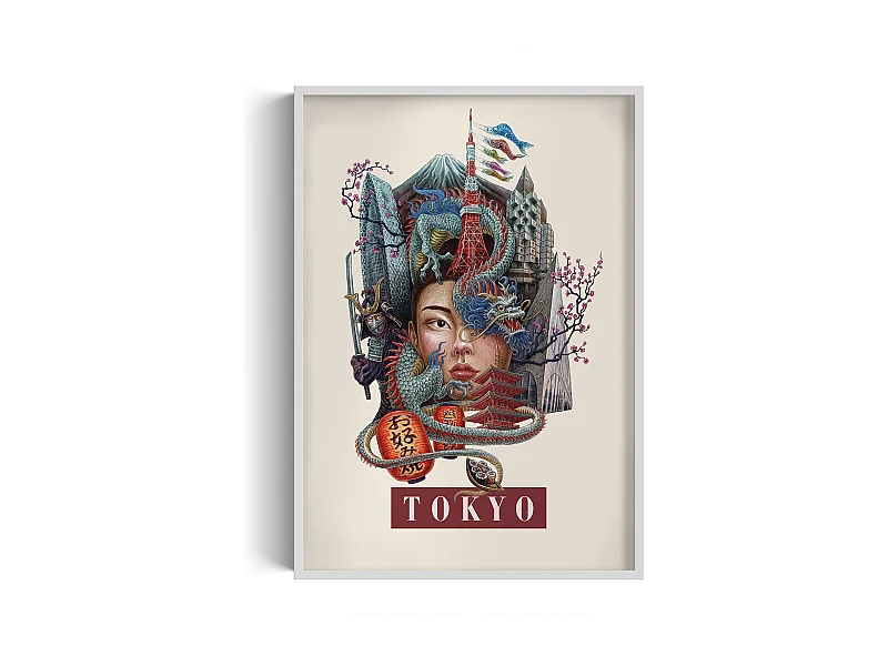 Gerahmtes Bild, japanisches Stadtdekor, Tokio-Druck in weißem Rahmen, Bild im städtischen Tokio-Stil, 70 x 100 cm.