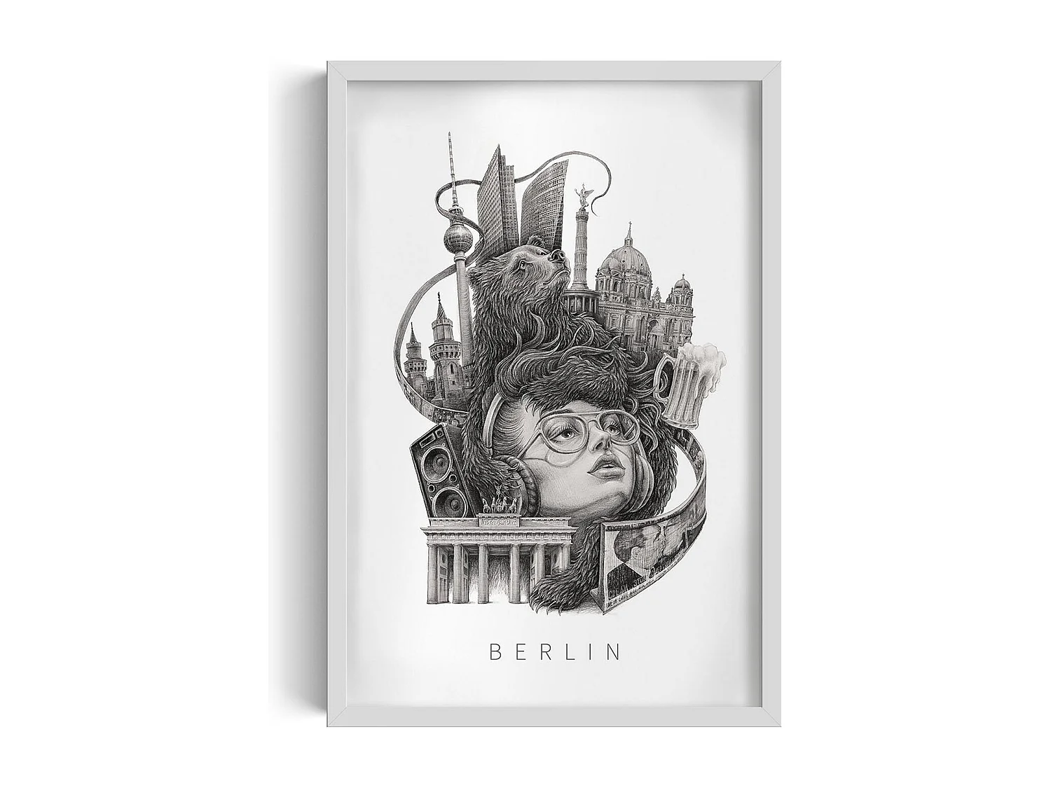 Bild im Rahmen, moderne deutsche Wandkunst, Berliner weiße Rahmenkunst, 40x60 Stadtbild.