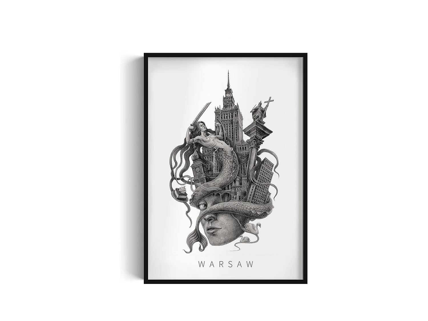 Image encadré, décor polonais, cadre noir, art de Varsovie, imprimé minimaliste de Varsovie, design urbain 70x100 cm.