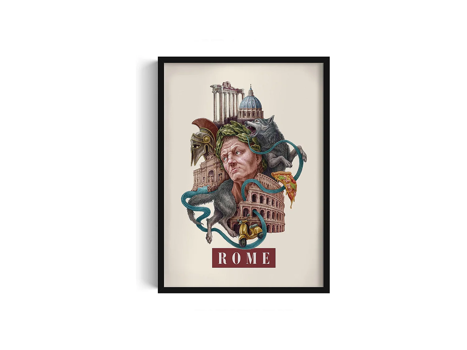 Image encadré, décor italien Rome, cadre noir Rome art, 50x70 cm design Rome, imprimé urbain élégant Rome.