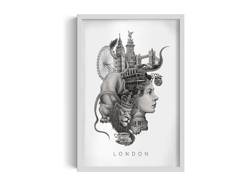 Gerahmtes Bild, britisches Dekor, weißer Rahmen der Londoner Kunst, minimalistischer London-Druck, Bild im urbanen Stil, 40x60 cm.