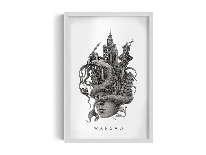 Gerahmtes Bild, polnisches Dekor, weißer Rahmen, Warschauer Kunst, Warschauer minimalistischer Druck, urbanes Design 40x60 cm.