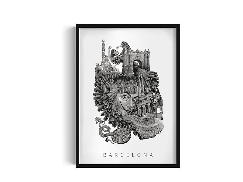 Gerahmtes Bild, lebendiges spanisches Dekor, schwarzer Rahmen der Barcelona-Kunst, minimalistischer Barcelona-Stadtdruck, 50 x 70 cm.
