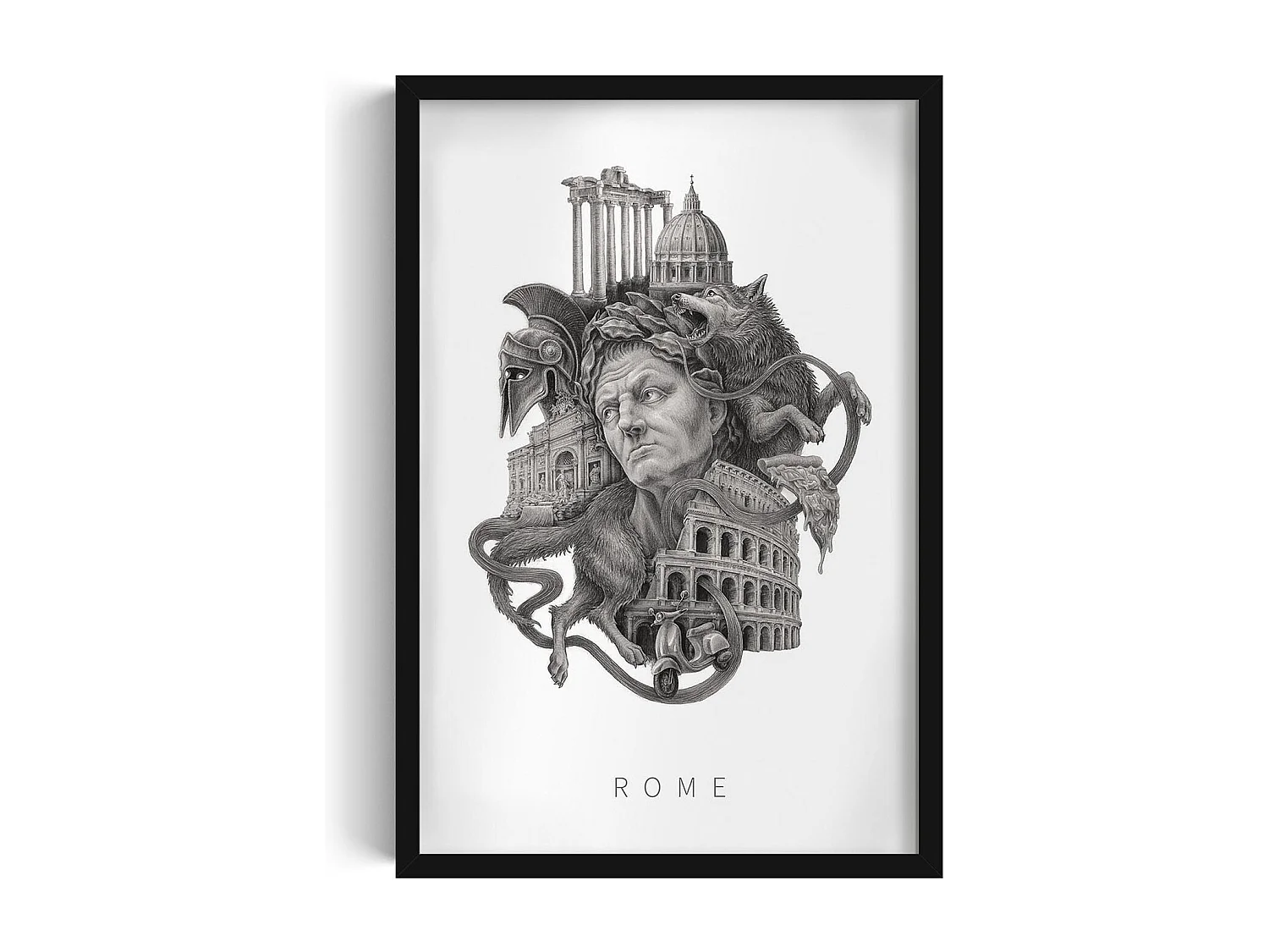 Bild im Rahmen, elegante italienische Dekoration, Rom-Kunst schwarzer Rahmen, Stadtbild von Rom, Rom-Design 40x60 cm.