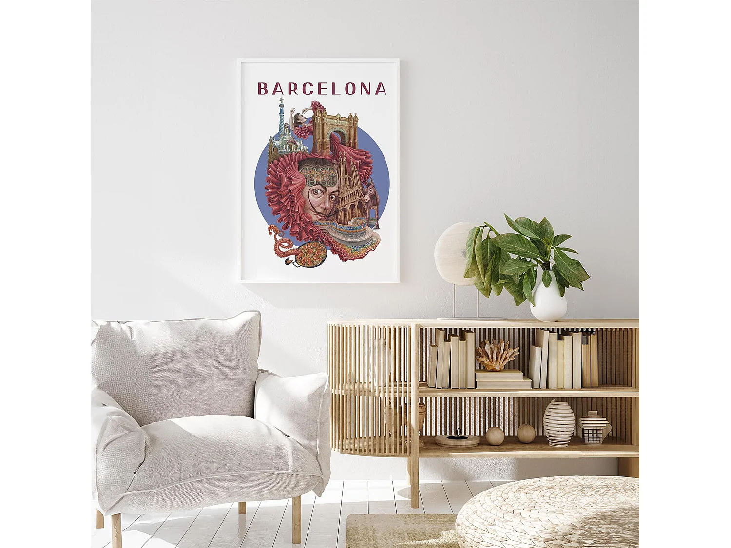 Ingelijste foto, Spaans stadsdecor, Barcelona witte lijst, 50x70 cm Barcelona kunst, Barcelona stedelijke print.