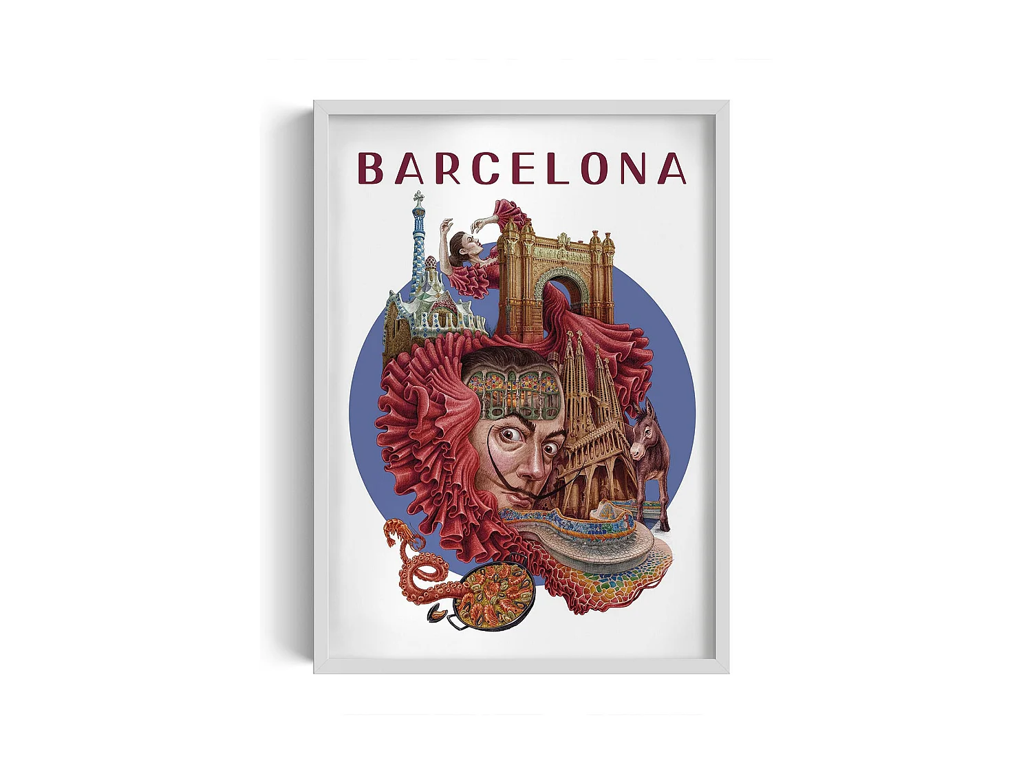 Gerahmtes Bild, spanisches Stadtdekor, weiß gerahmtes Bild Barcelona, ​​50x70 cm Barcelona-Kunst, Barcelona-Stadtdruck.