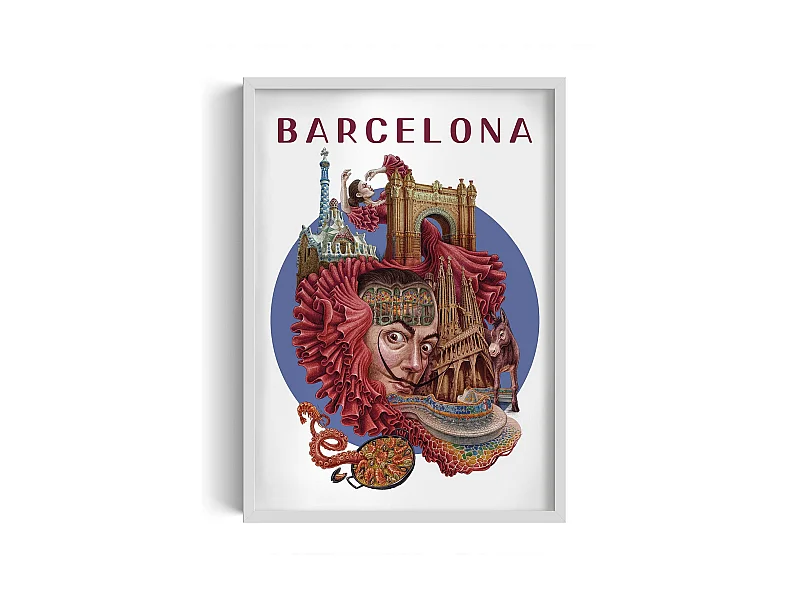 Gerahmtes Bild, spanisches Stadtdekor, weiß gerahmtes Bild Barcelona, ​​50x70 cm Barcelona-Kunst, Barcelona-Stadtdruck.